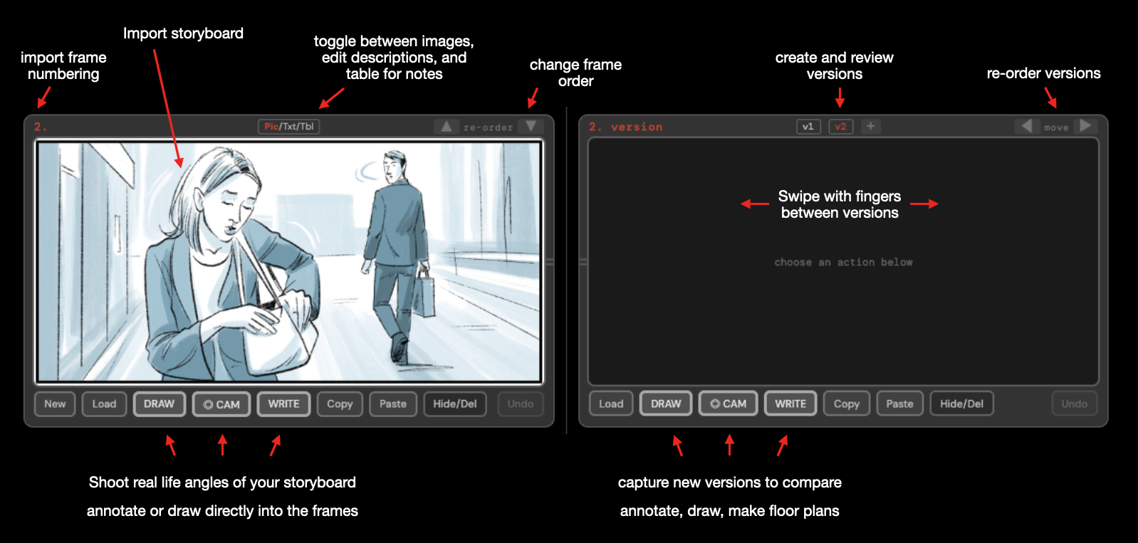 Framehow in action — storyboard import, version tracking, camera capture, annotations
